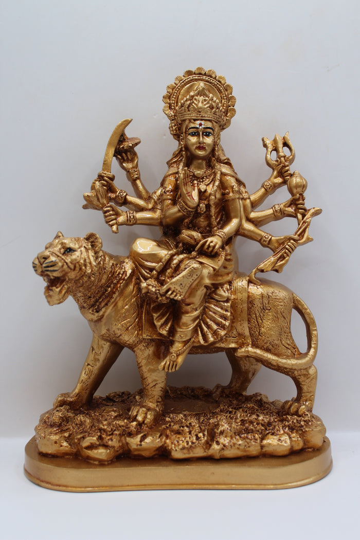 Resin Ambe Maa statue, golden finish, oval base, front view