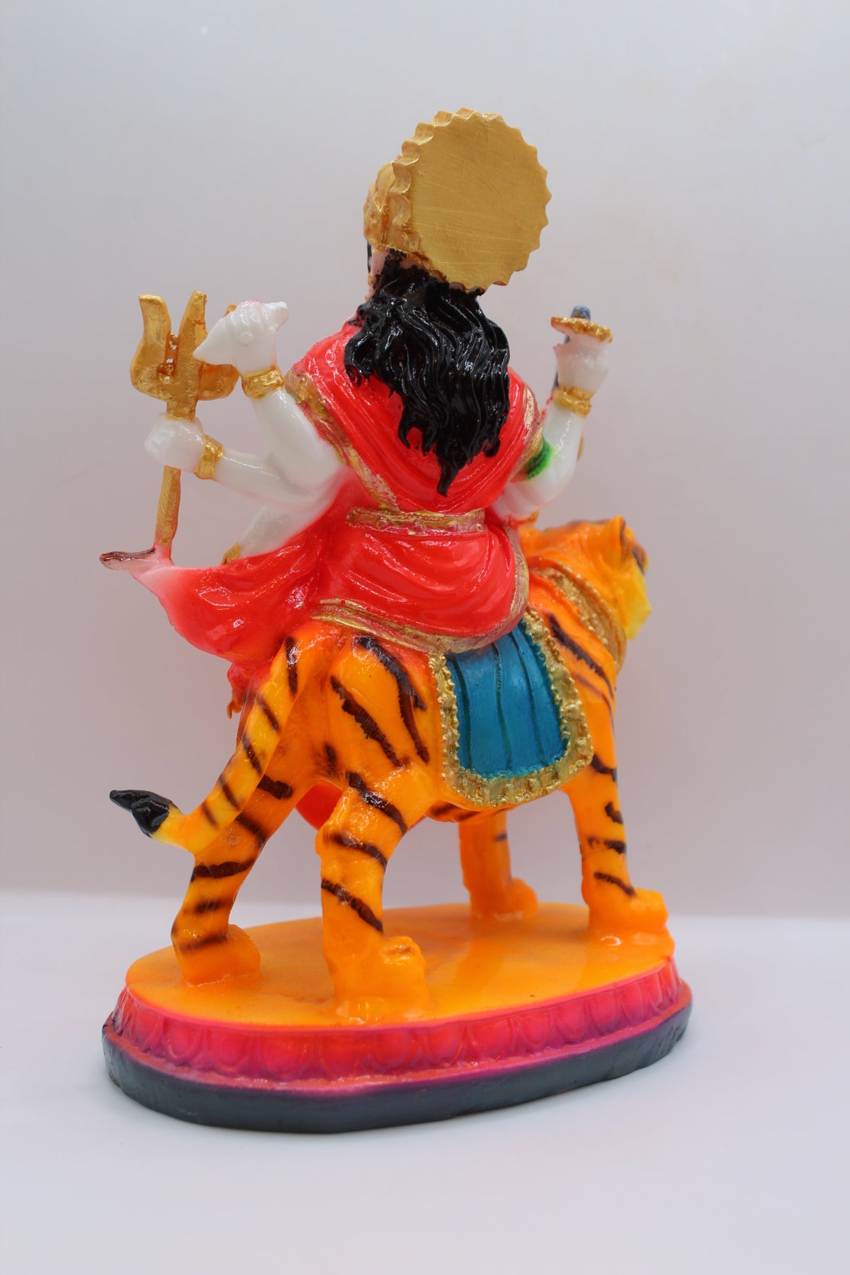 Resin Ambe Maa statue, red dress, seated on tiger, back view