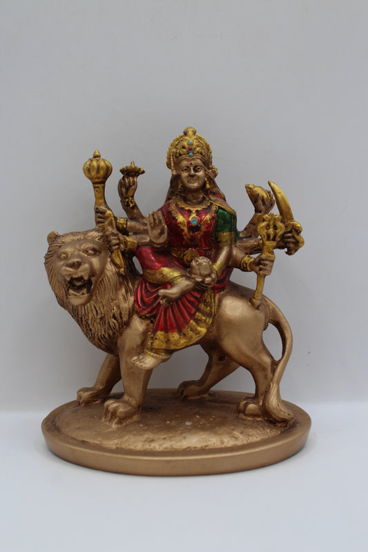 Resin Ambe Maa statue, seated on lion, antique bronze, front view