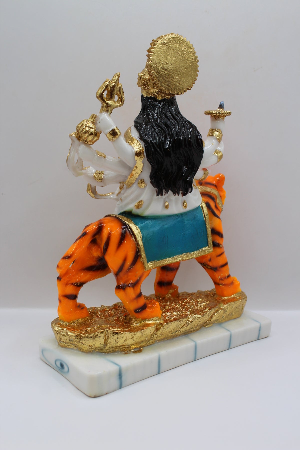Resin Ambe Maa statue, white dress on tiger, gold base, back view