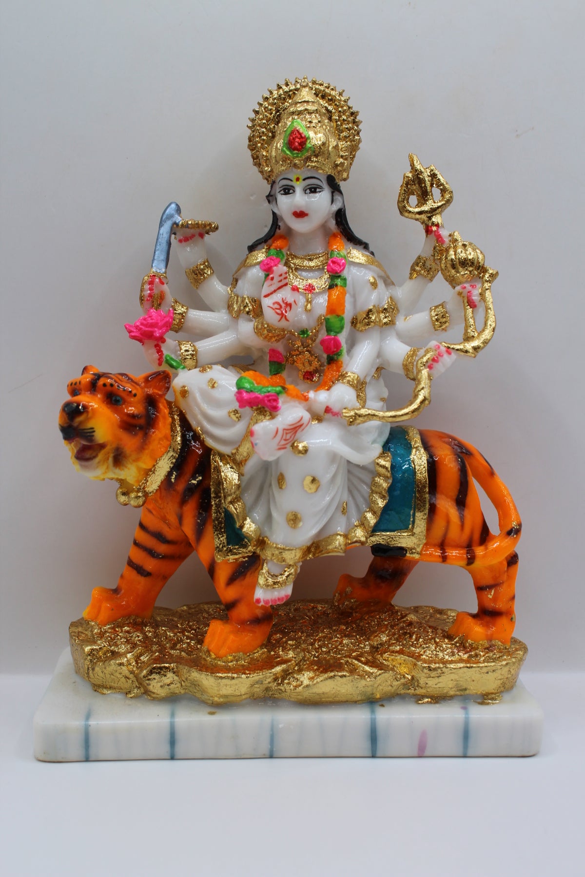 Resin Ambe Maa statue, white dress on tiger, gold base, front view