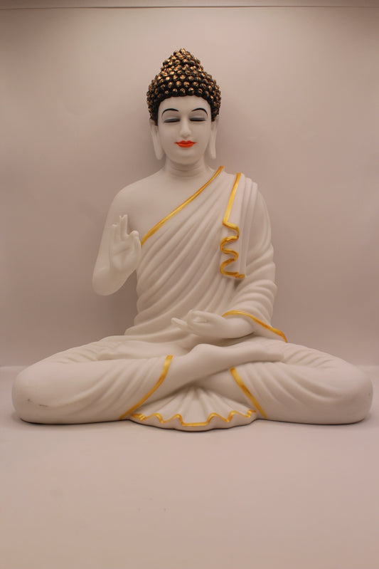 Matte white resin Buddha statue with gold trim, front