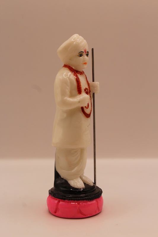 White Jalaram Bapa resin murti with red mala, front
