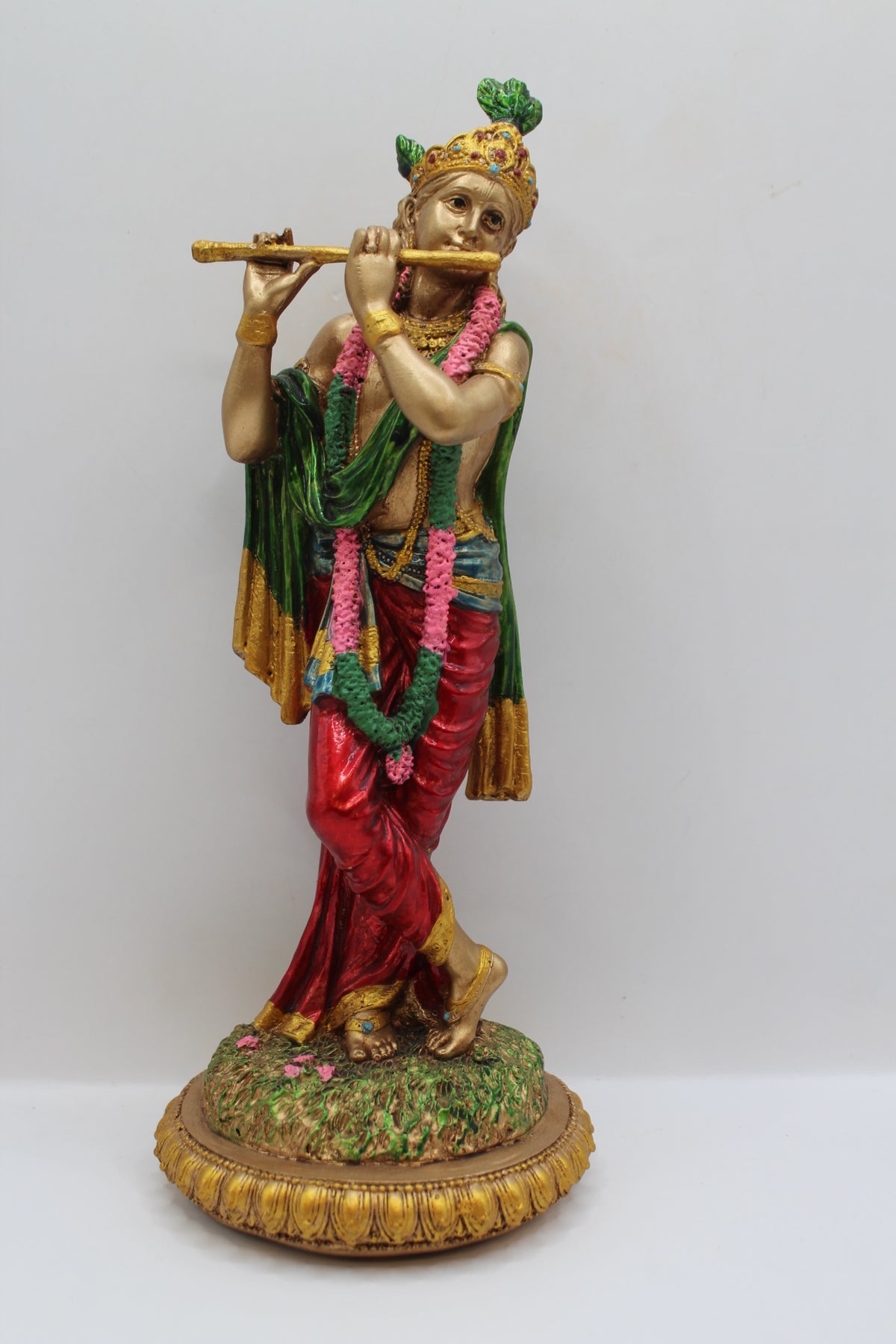 Resin Krishna statue, playing flute, antique bronze, front view