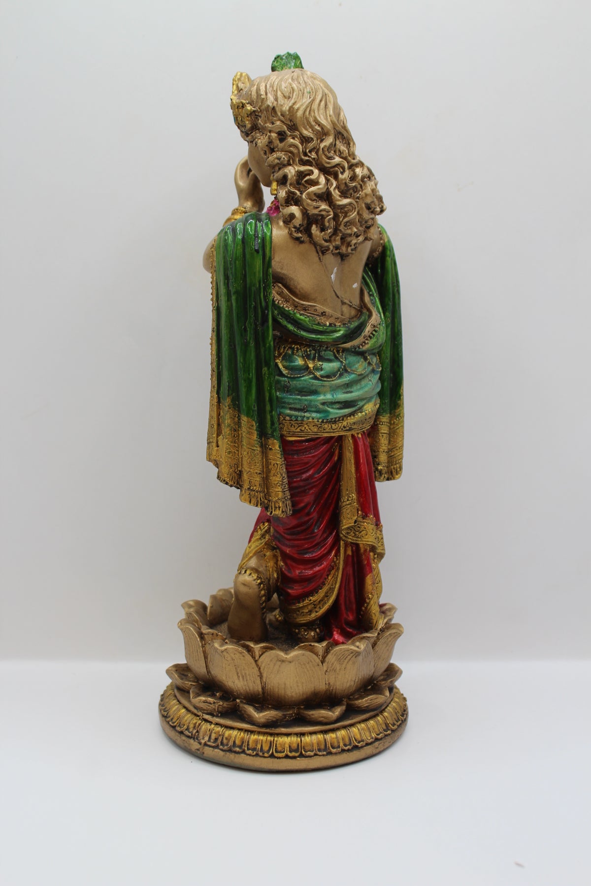 Resin Krishna statue, standing on lotus, antique bronze, back view