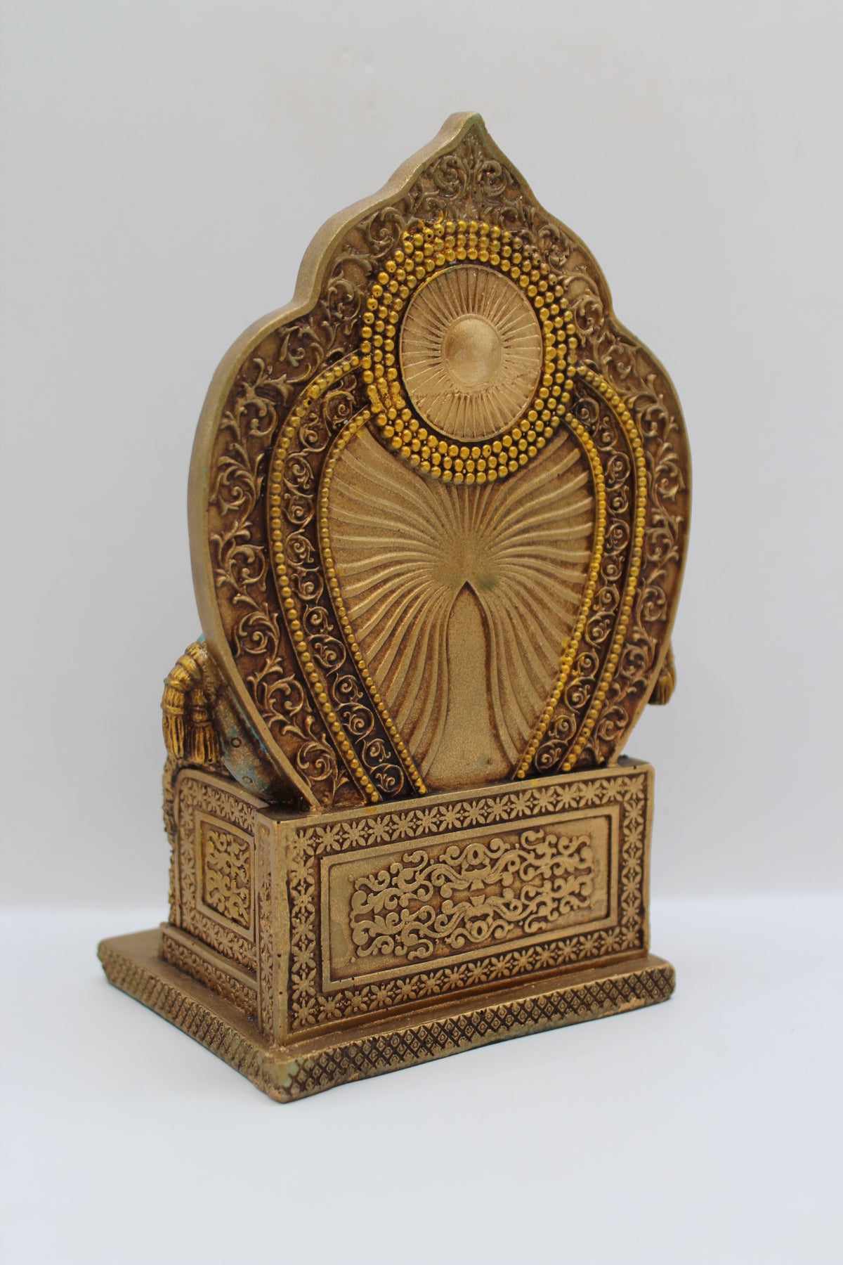 Resin Kuber statue, seated on throne, antique bronze, back view