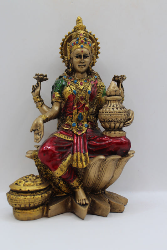 Resin Laxmi statue, seated on lotus, antique bronze, front view