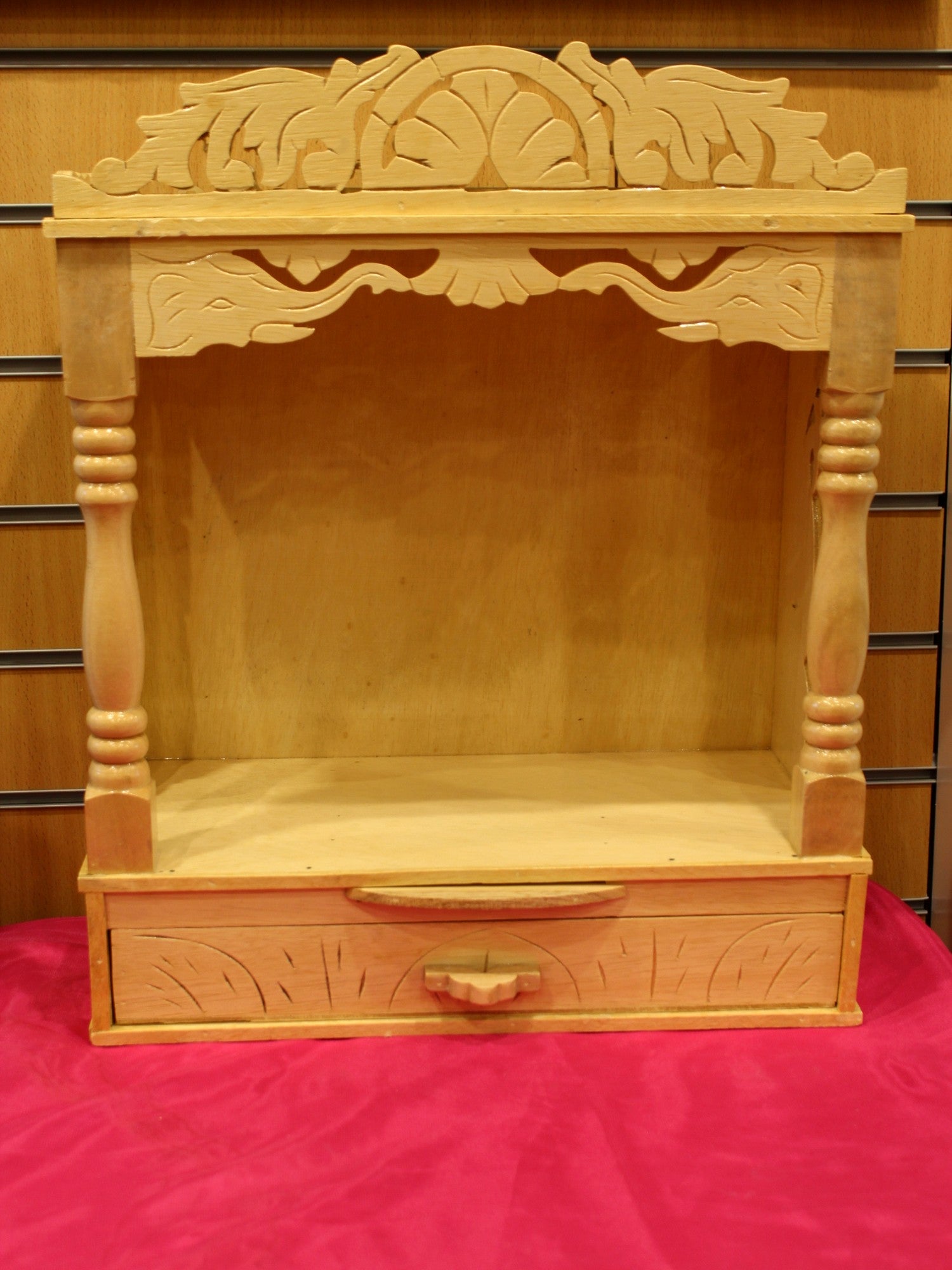 Hand-carved Sevan wood mandir, open front, 16 x 8 inch, front view