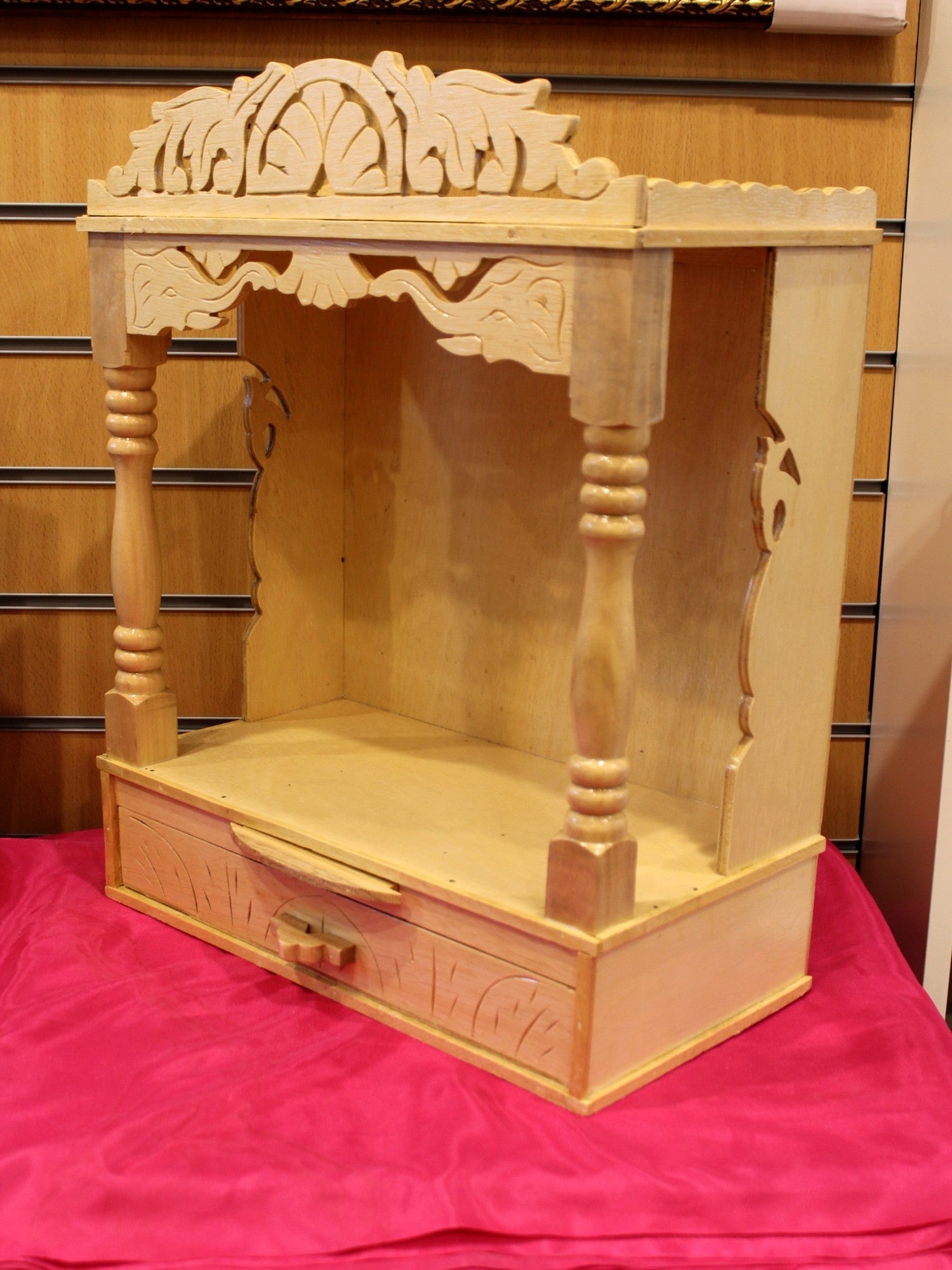 Sevan wood mandir 16 x 8 inch, side view with carved drawer front