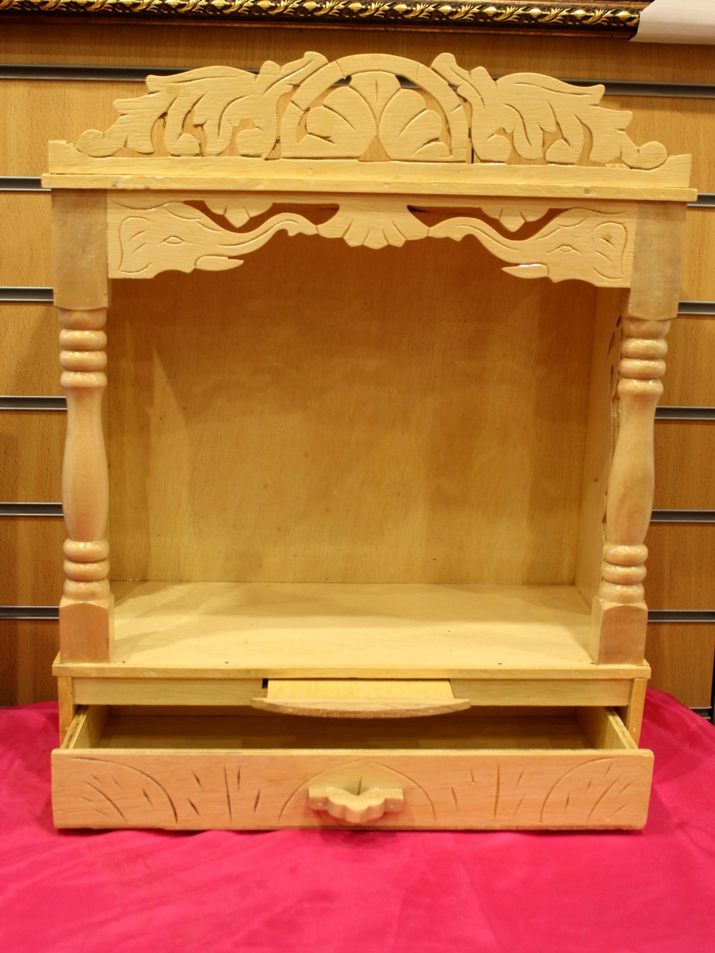 Sevan wood mandir 16 x 8 inch with base drawer pulled open