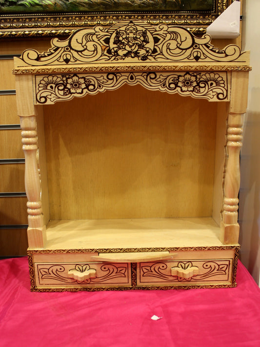 Sevan wood mandir with floral detailing, open front, 18 x 8 inch, front view