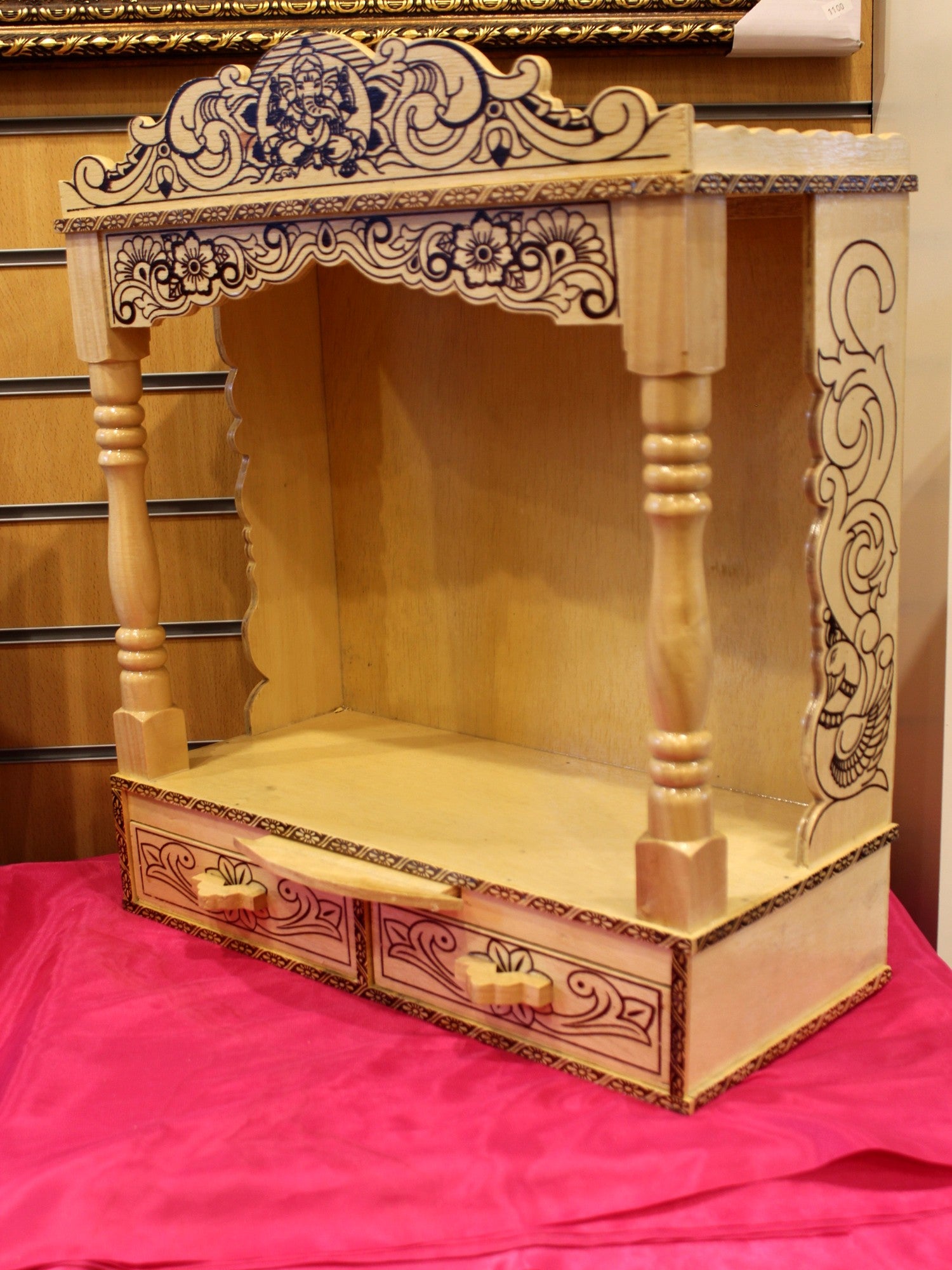 Sevan wood mandir 18 x 8 inch, side view with twin drawers