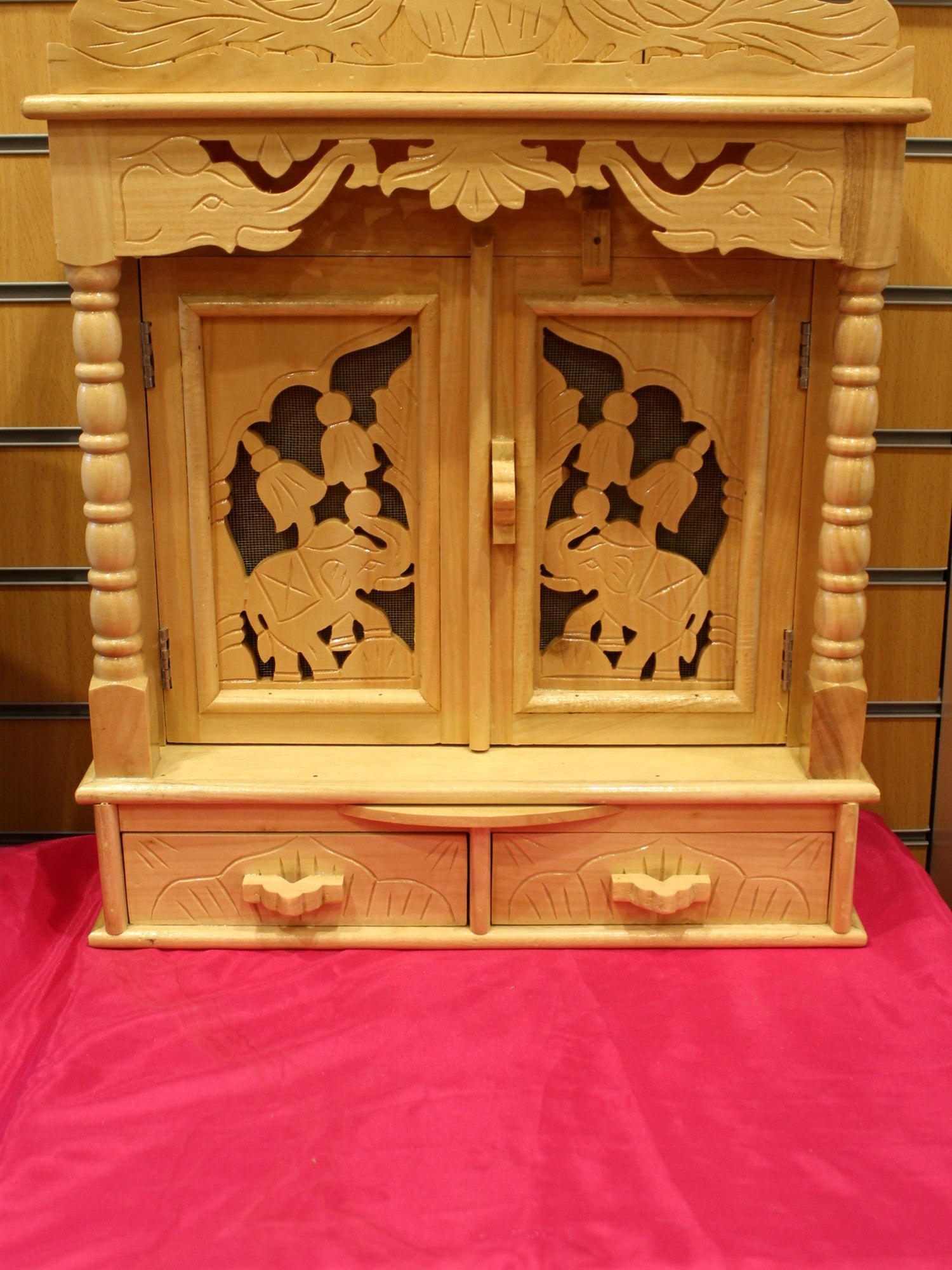 Hand-carved Sevan wood mandir with openwork doors, 18 x 8 inch, front view