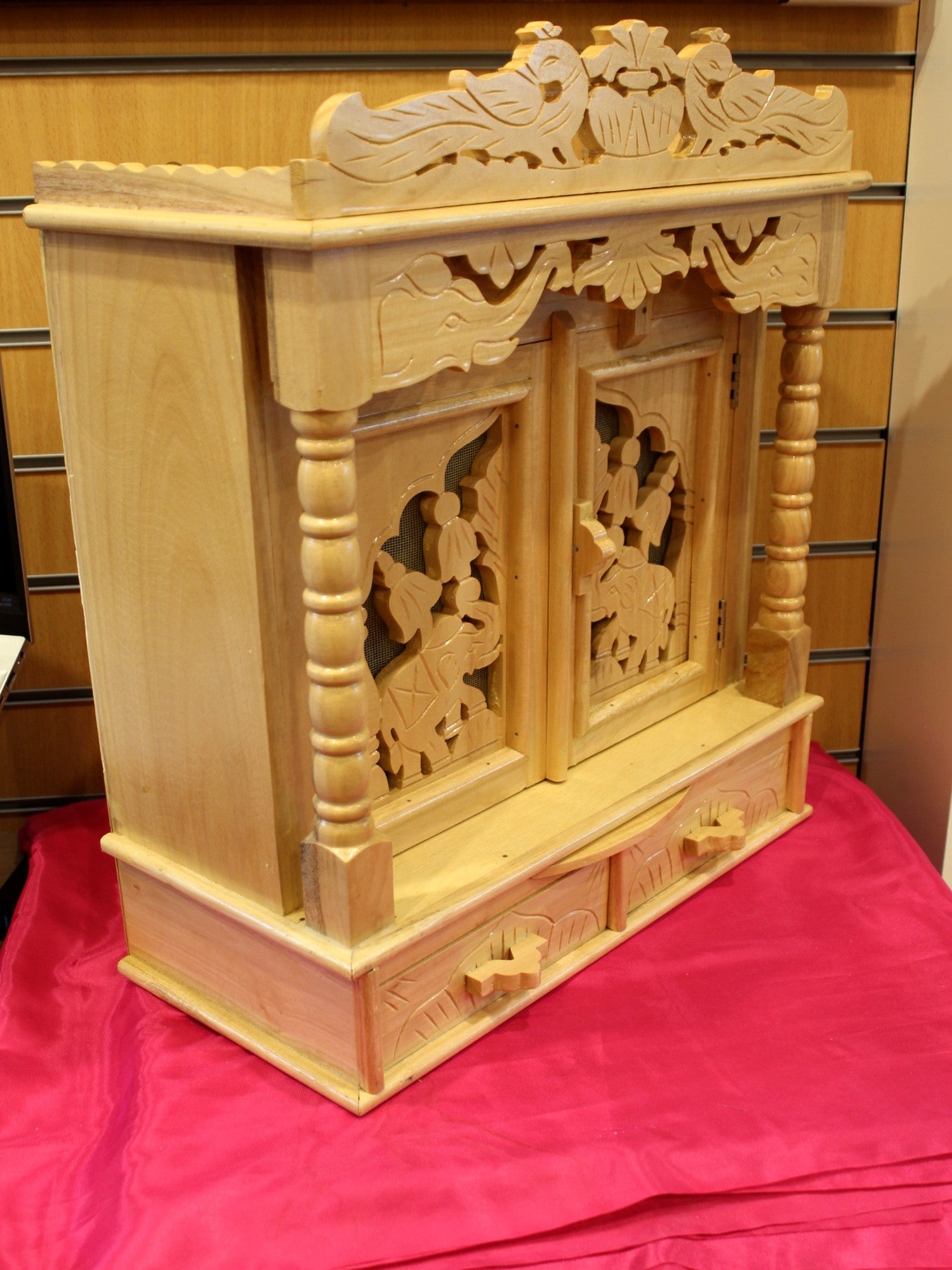 Sevan wood mandir 18 x 8 inch, angled view showing depth and carved doors
