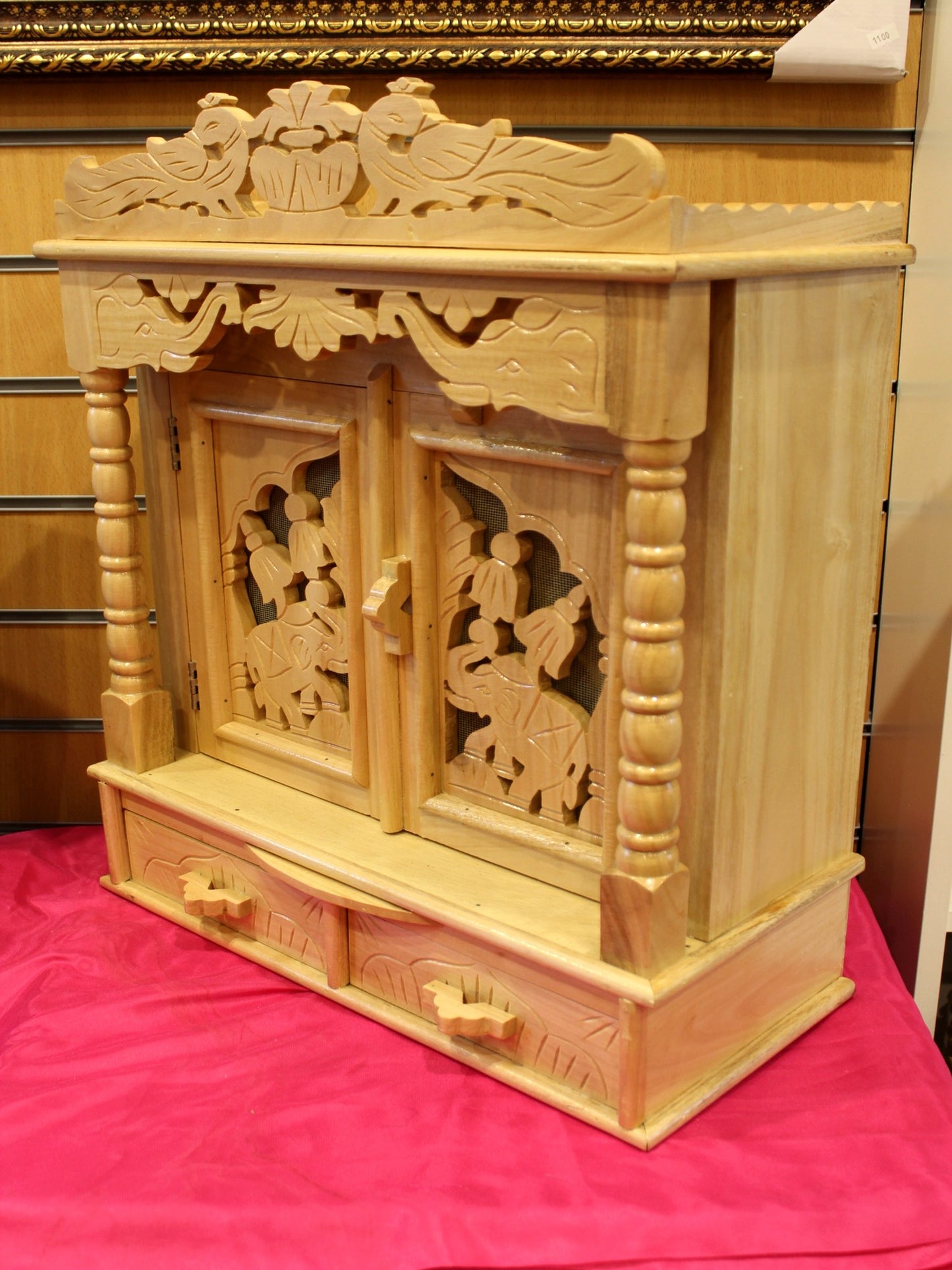 Sevan wood mandir 18 x 8 inch, side view with twin carved drawers