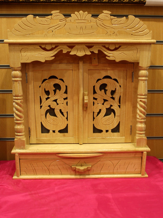Hand-carved Sevan wood mandir with peacock doors, 16 x 8 inch, front view