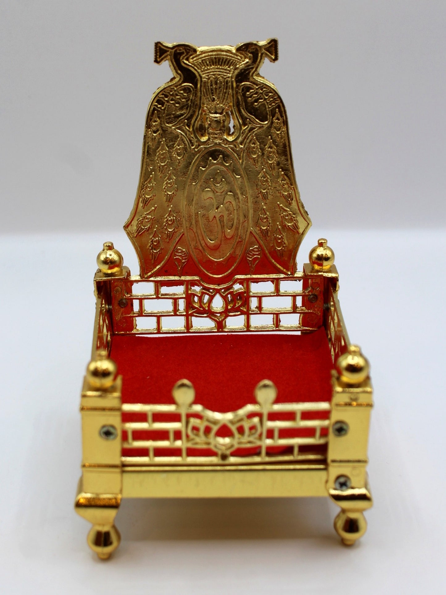 Gold metal sinhasan with red velvet seat, 9 x 9 x 15, front view