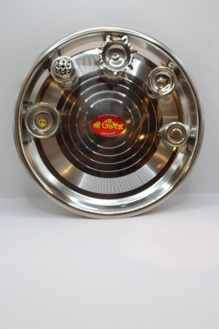 Steel pooja thali 12 inch with diya and katoris