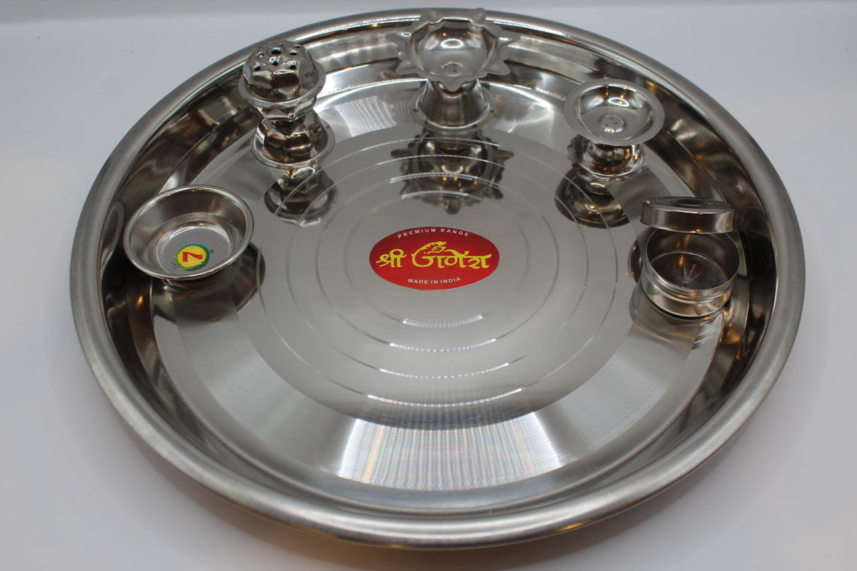 Steel pooja thali 12 inch with diya and katoris – close-up