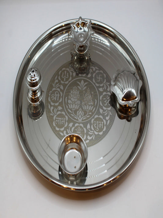 Fancy Steel Pooja Thali 11 inch – Shell Katori & Sun Diya