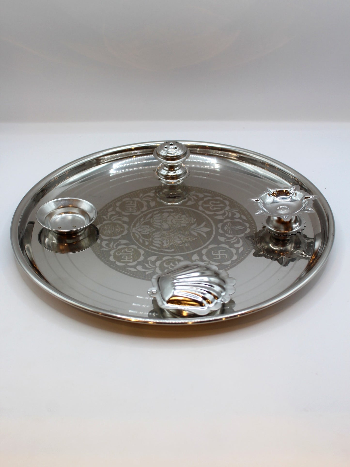 Fancy Steel Pooja Thali 11 inch – Shell Katori & Sun Diya