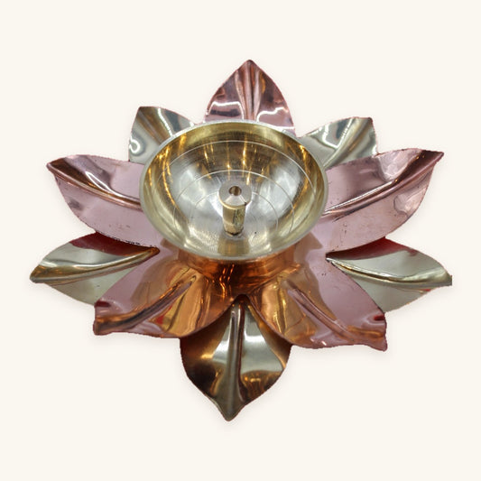 Lotus diya with brass and copper petals, angled