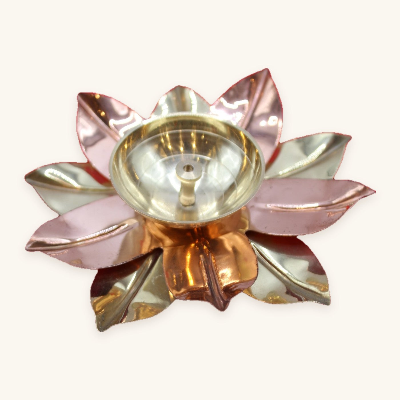 Lotus diya with brass and copper petals, three quarter view