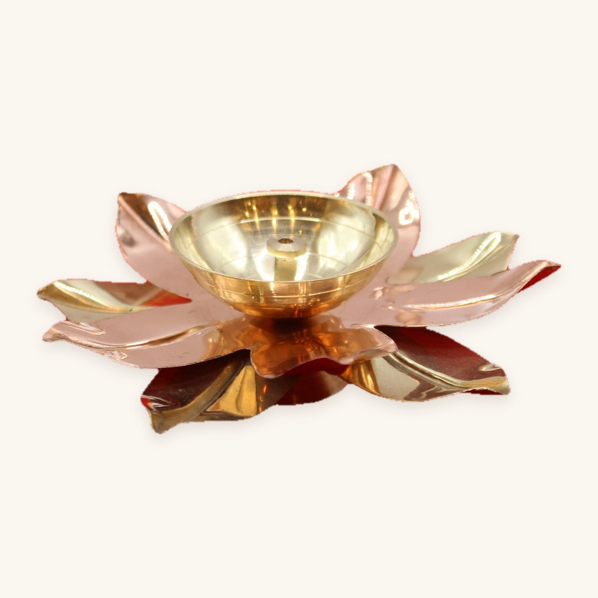 Lotus diya with brass and copper petals, side view