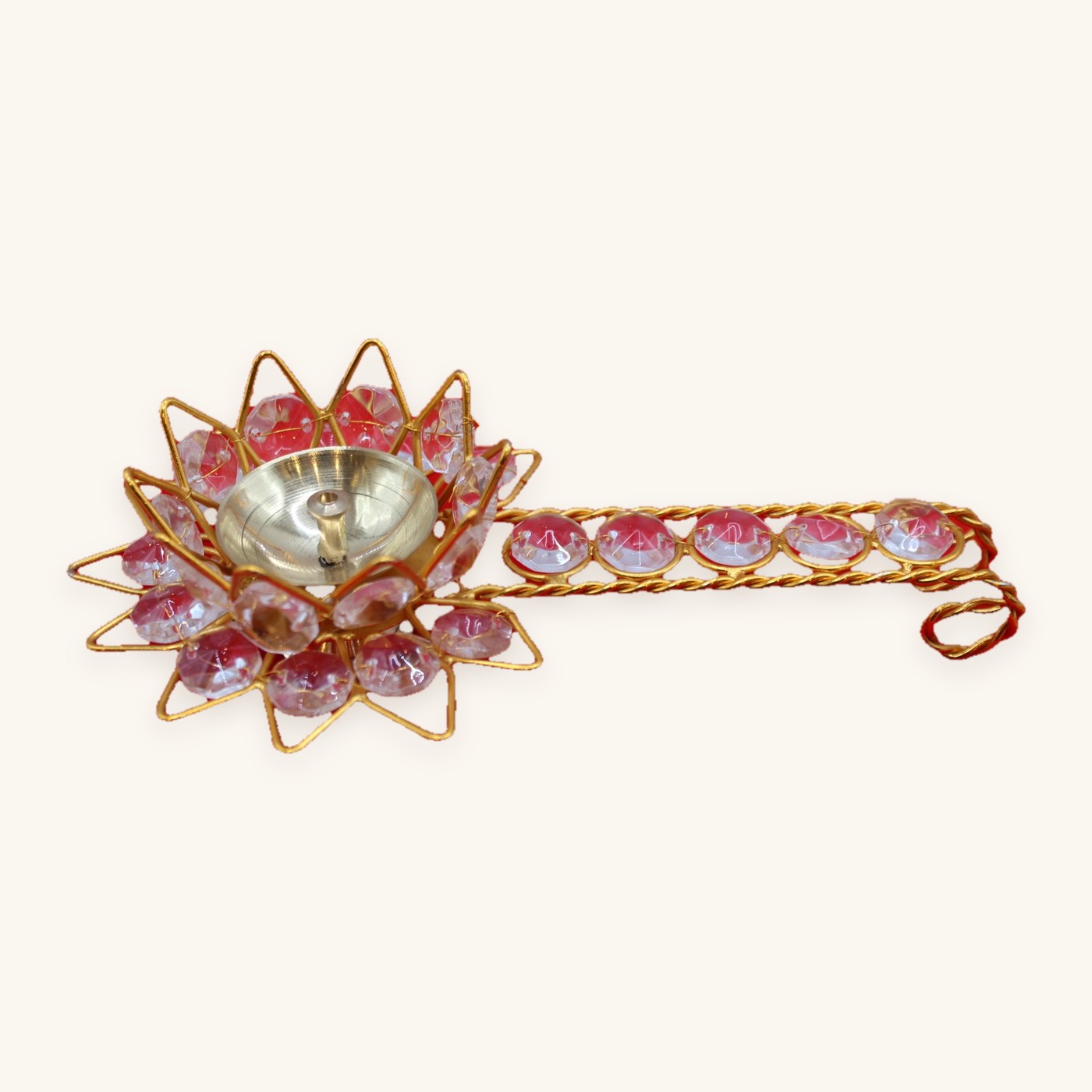 Stone-set lotus aarti diya with jewelled handle