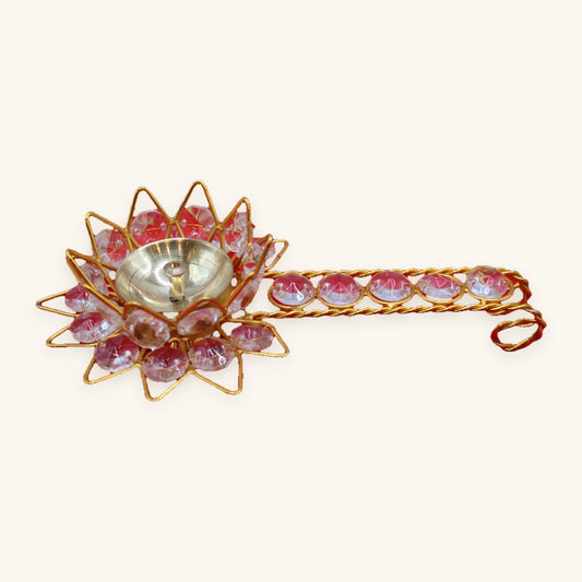 Stone-set lotus aarti diya with jewelled handle