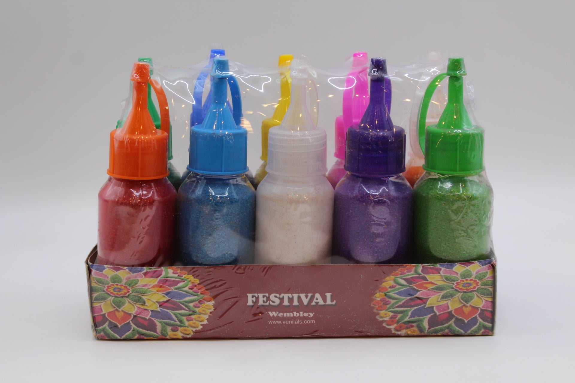 Tray of ten squeezy bottles of rangoli colour powder