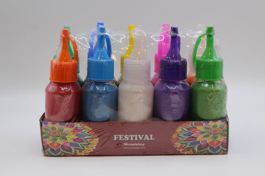 Tray of ten squeezy bottles of rangoli colour powder