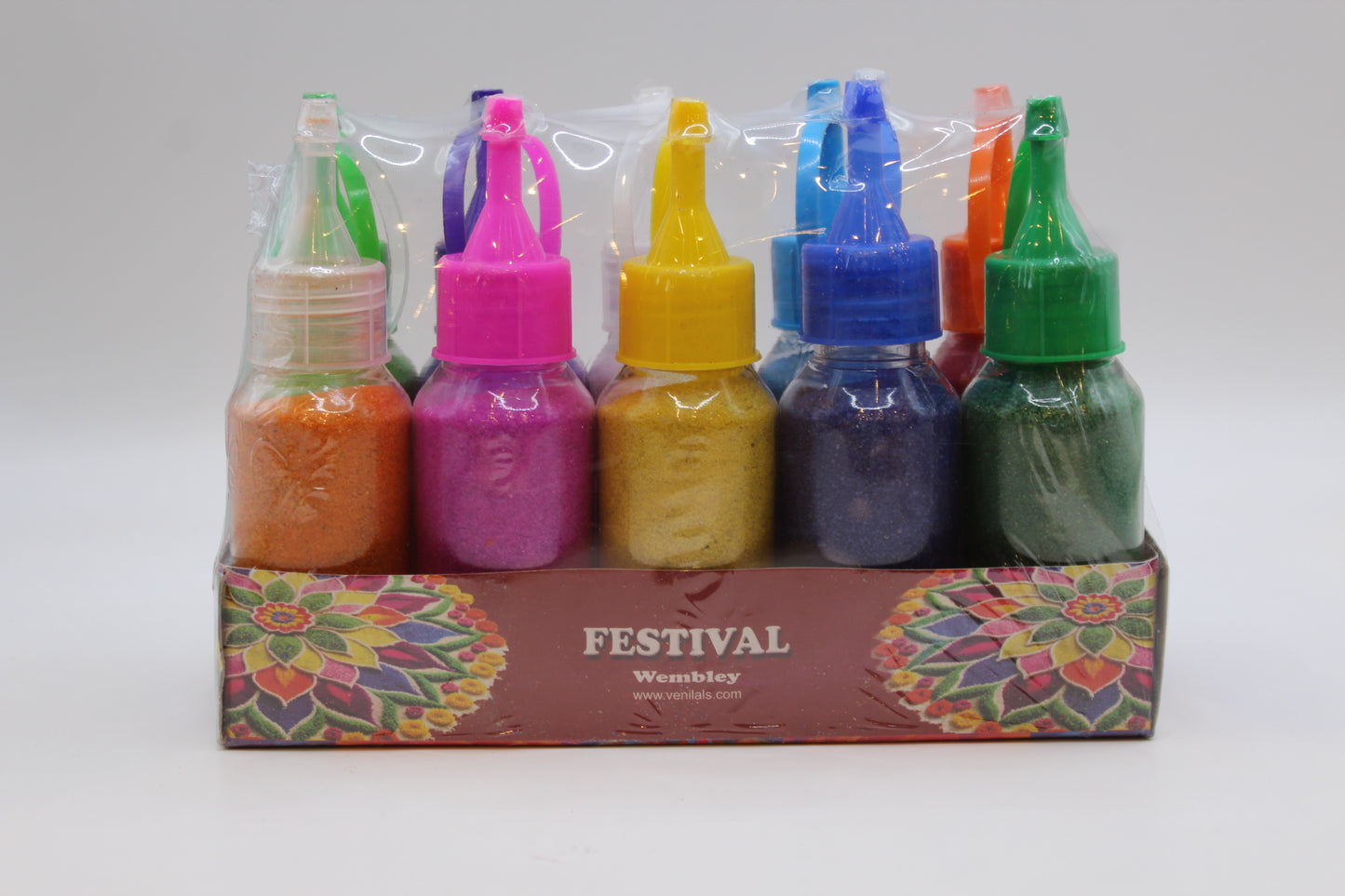 Side view of the rangoli colour pack showing the cone nozzles