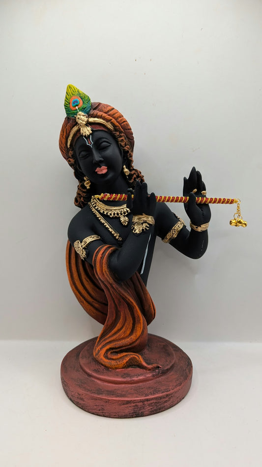 Black Lord Krishna bust statue with flute, front view