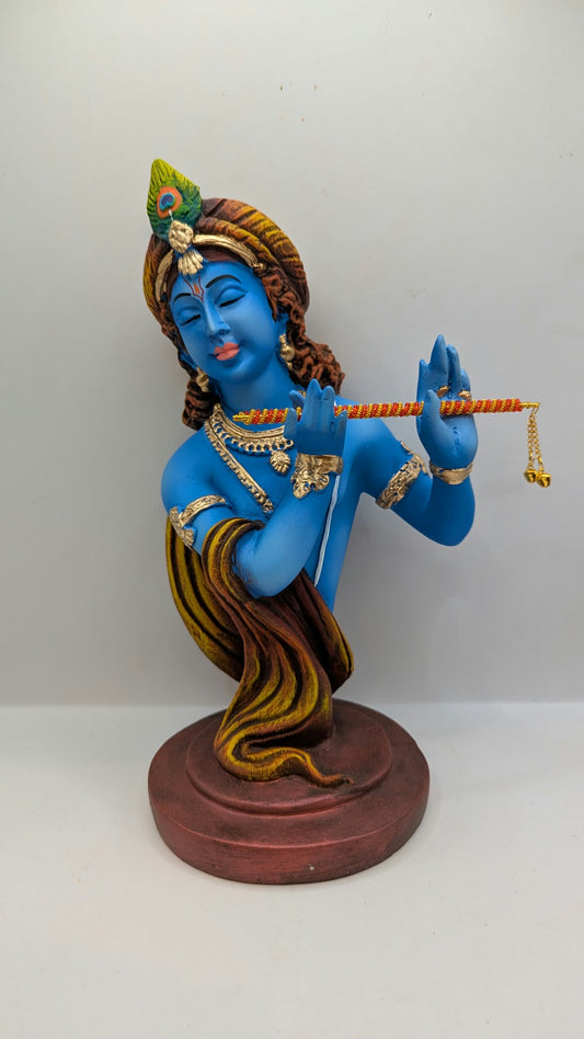 Blue Lord Krishna bust statue with flute, front view
