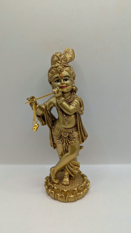 Gold standing Krishna statue with flute, front view