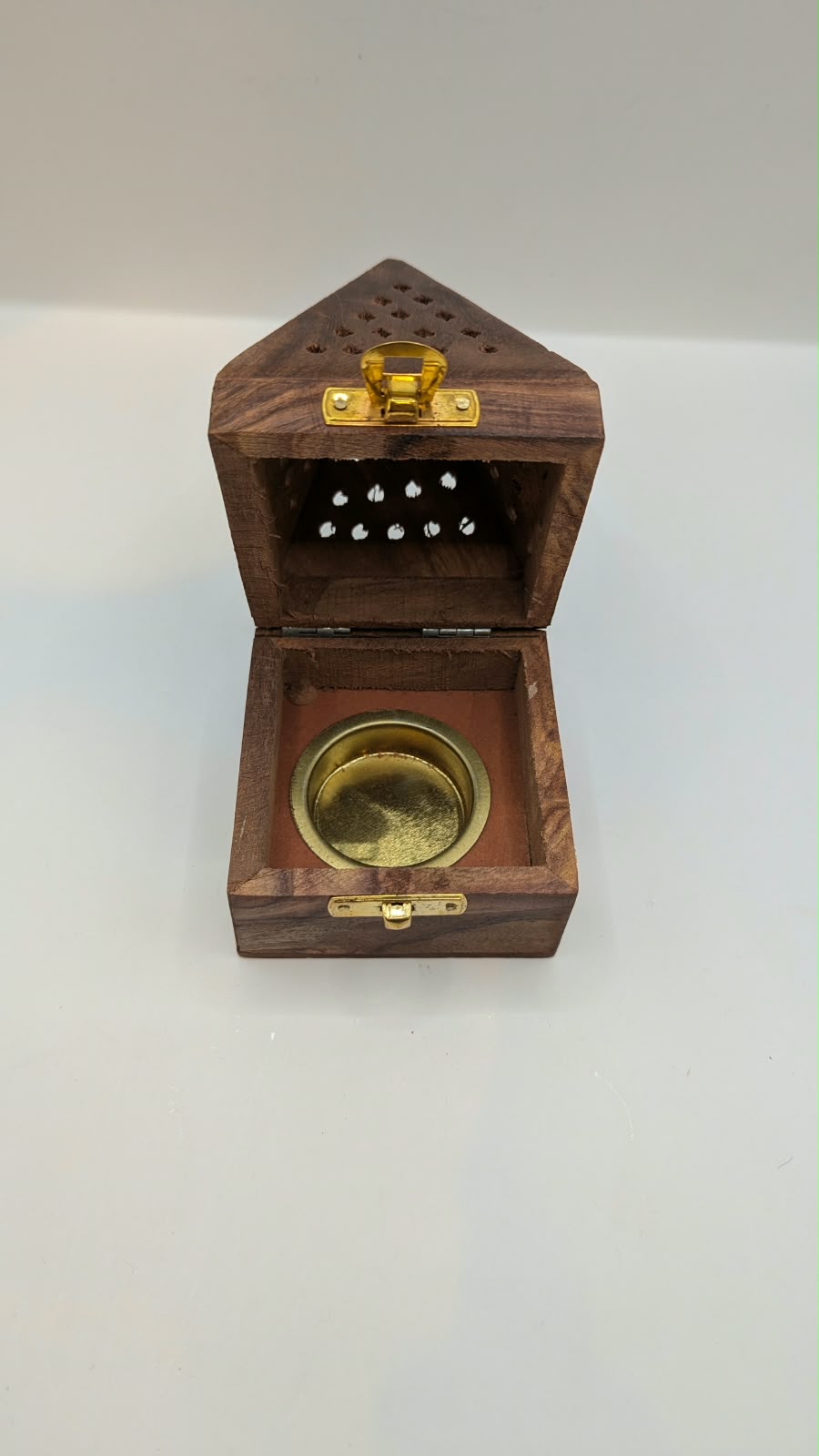 Wooden pyramid dhoop burner, open with brass bowl