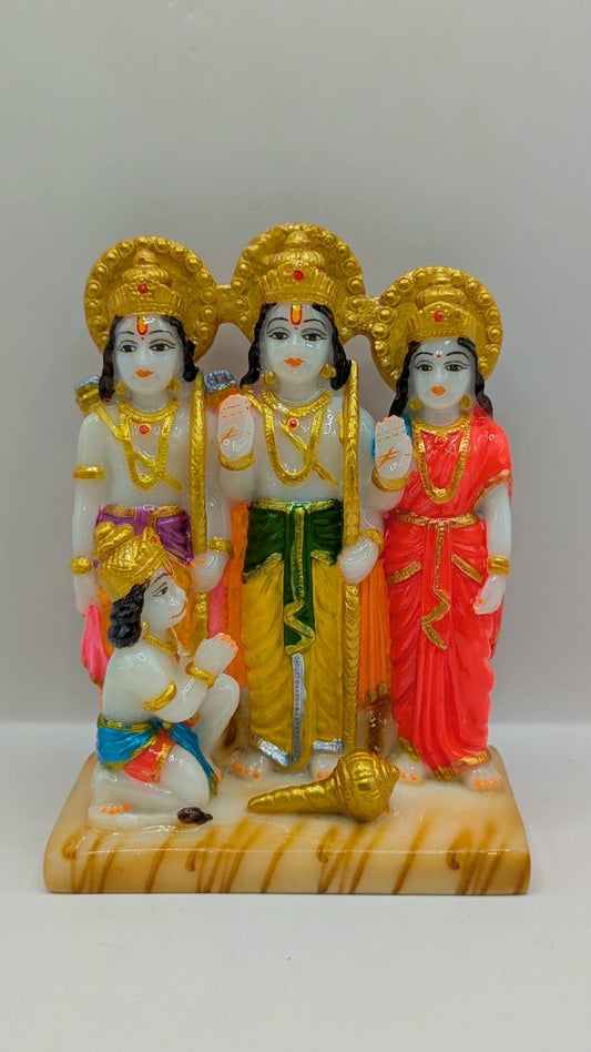 White and gold Ram Darbar resin statue, front view