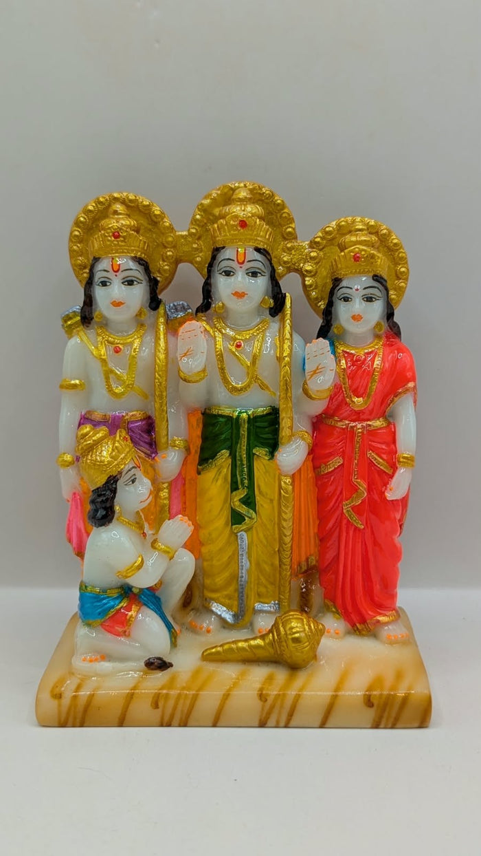 White and gold Ram Darbar resin statue, front view