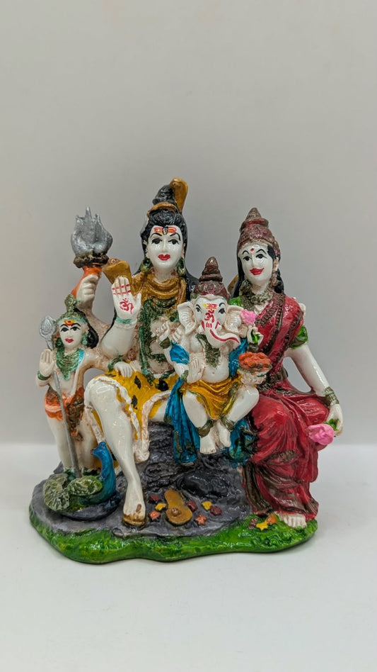 Colourful Shiv Parivar resin statue on rock base, front view