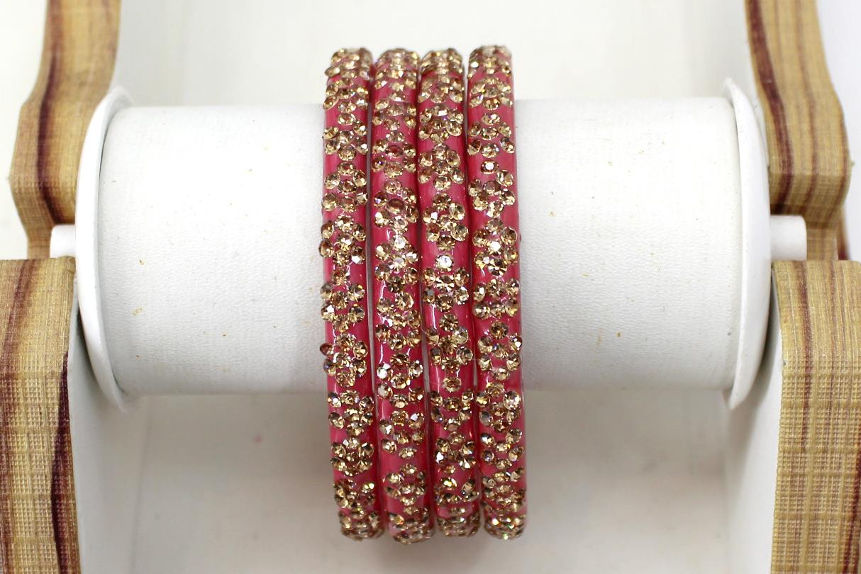Glass Bangles Set of 4 - Golden Stone Studded Bollywood Traditional Beautiful Bangle Set for Women Girl Wedding Favour