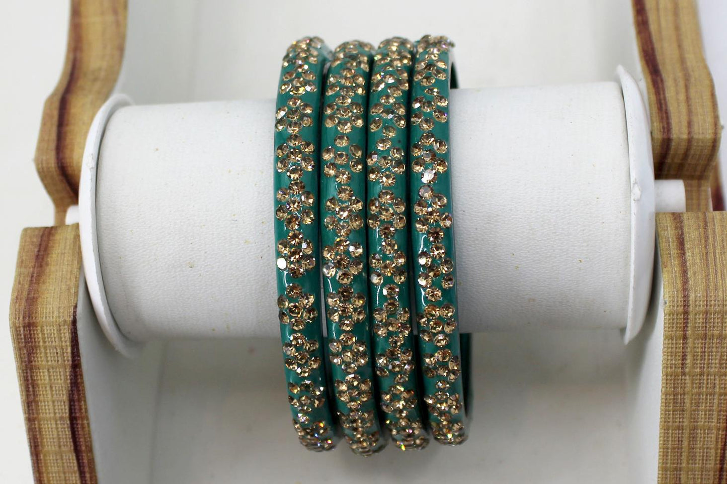 Glass Bangles Set of 4 - Golden Stone Studded Bollywood Traditional Beautiful Bangle Set for Women Girl Wedding Favour
