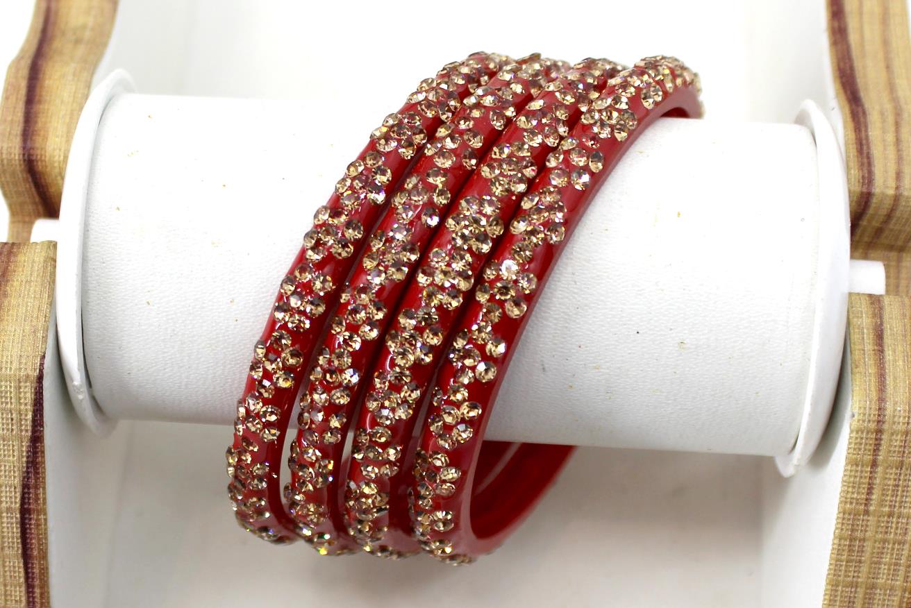 Glass Bangles Set of 4 - Golden Stone Studded Bollywood Traditional Beautiful Bangle Set for Women Girl Wedding Favour